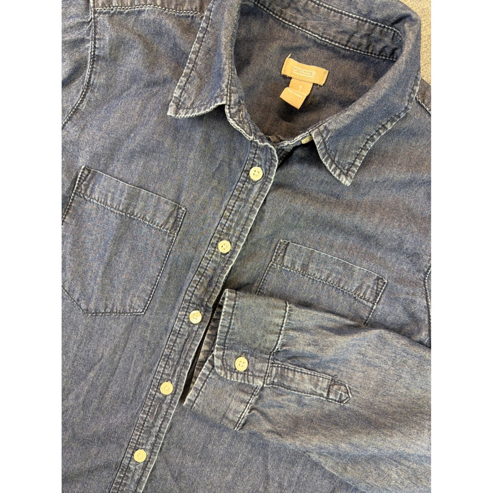 Chico's Denim Button Down Shirt Women 1 (M)‎ Blue Long Sleeve Roll Tab Cotton